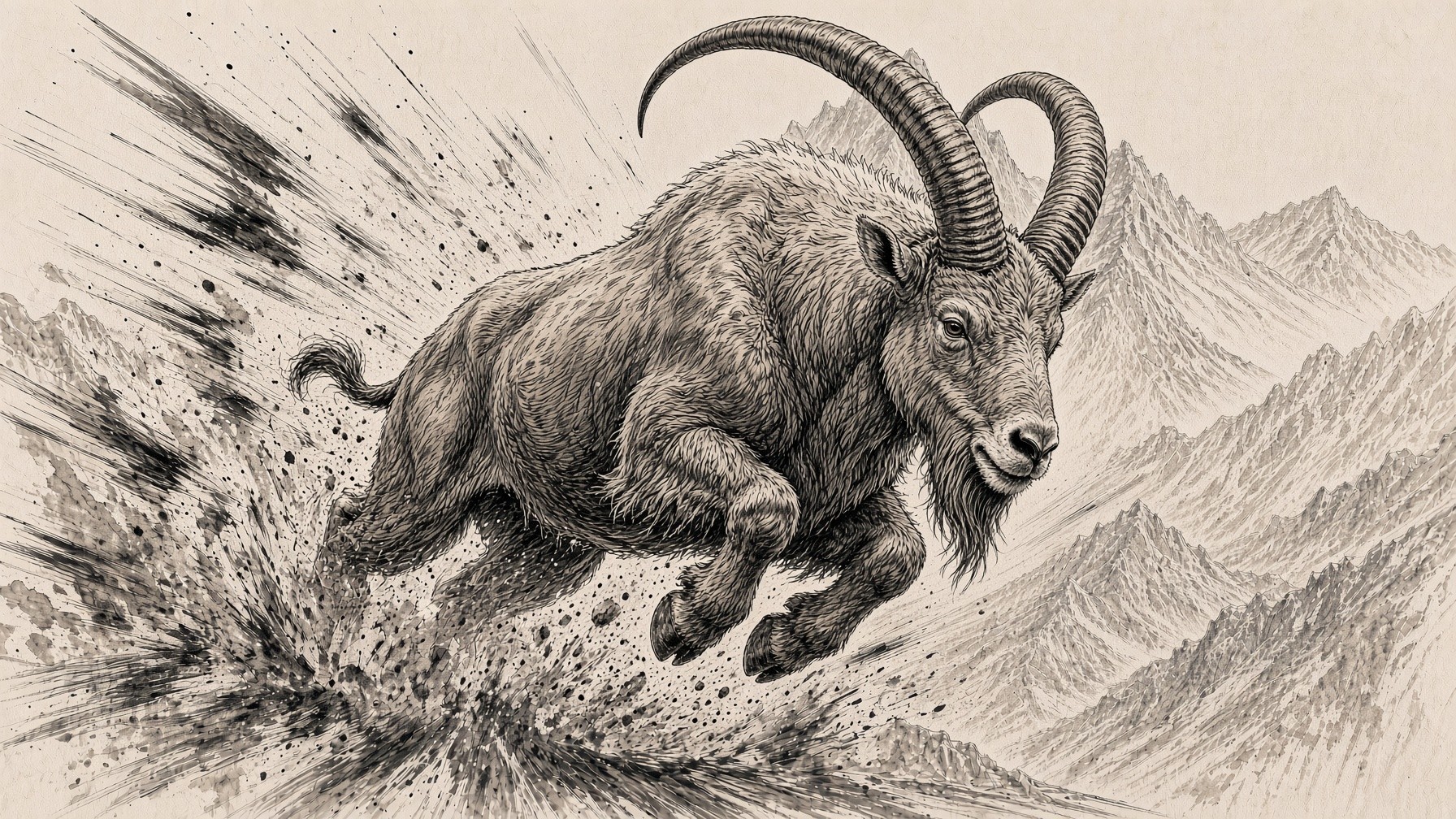 Ink illustration of an ibex