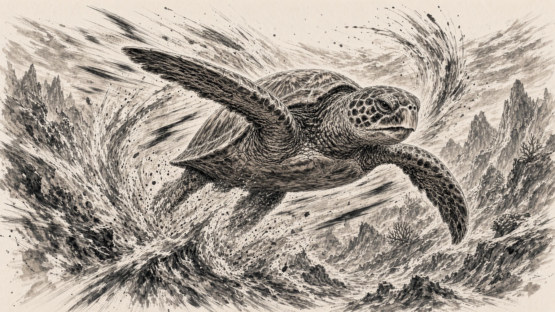 Ink illustration of a sea turtle